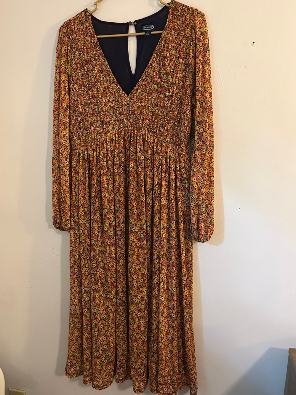 Long-Sleeve Floral Maxi Dress in Yellow - Smocked V-Neck